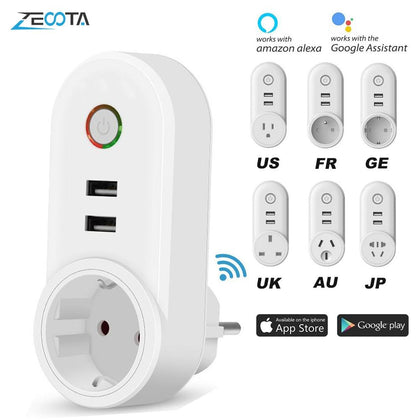 Smart WiFi Power Plug Electrical Outlet FR / GE Socket USB Time Remote Control by Smartlife Tuya App Alexa Google Home - MultiShop.lu